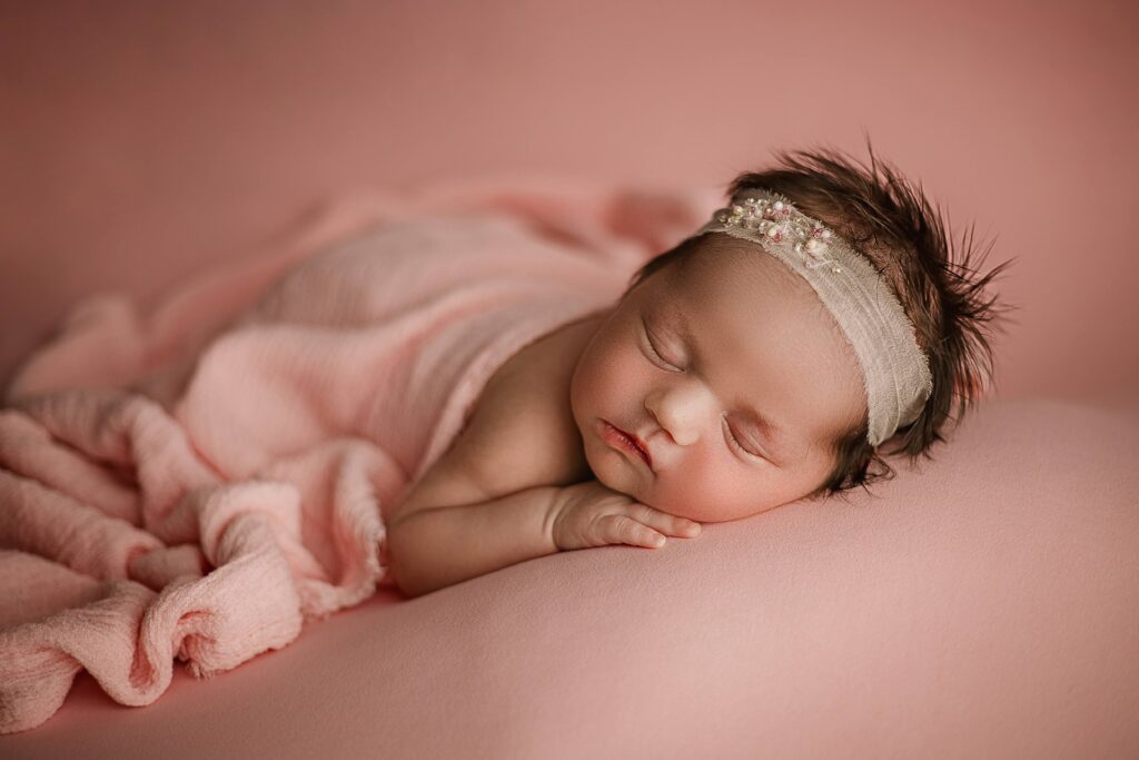 baby laying sweetly on a pink pillow with a pink blanket