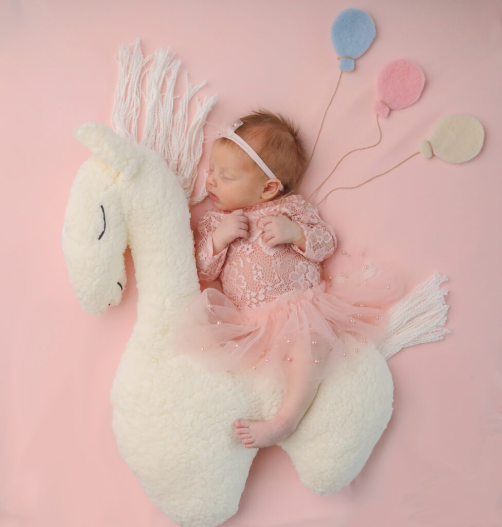 Newborn girl posed on a white unicorn prop with pink balloons during a Minneapolis newborn photography session